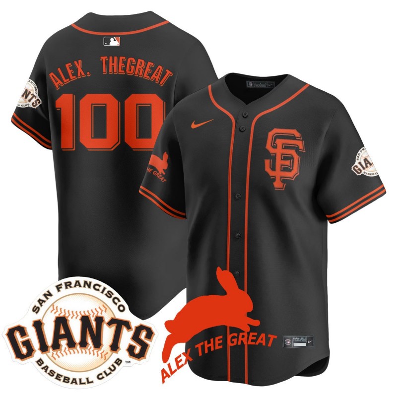 Men's SF Giants 100 ALEX. THEGREAT Rabbit Memories 2025 MLB Nike Jersey Black - All Stitched