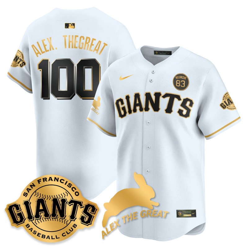 Men's SF Giants 100 ALEX. THEGREAT Rabbit Memories 2025 MLB Nike Jersey White Gold - All Stitched