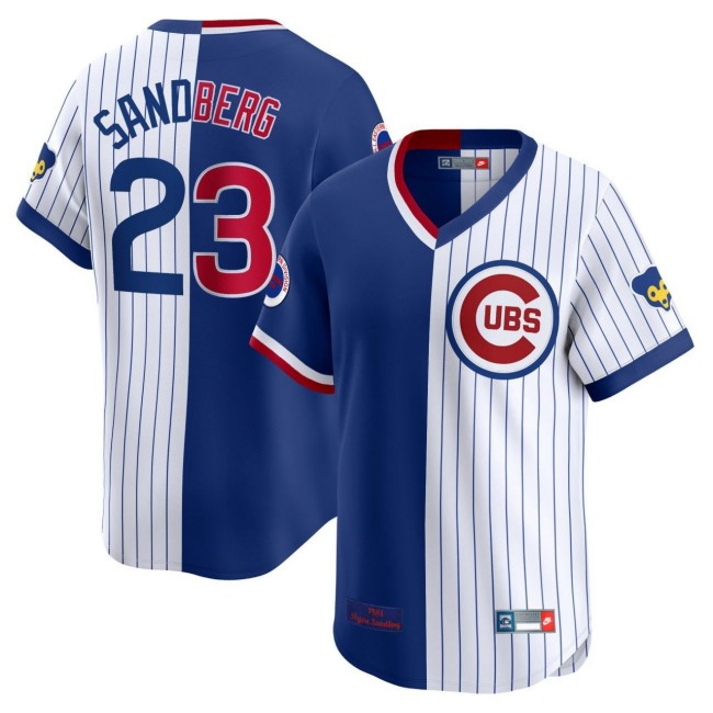 Men's Chicago Cubs #23 Ryne Sandberg Royal White Split Stitched Baseball Jersey