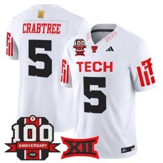 Men's Texas Tech Red Raiders #5 Michael Crabtree White F.U.S.E. 100th Anniversary Patch 2025 Vapor Limited Stitched Football Jersey