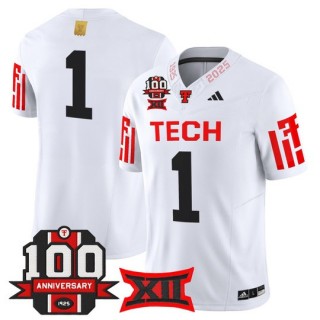 Men's Texas Tech Red Raiders #1 White F.U.S.E. 100th Anniversary Patch 2025 Vapor Limited Stitched Football Jersey