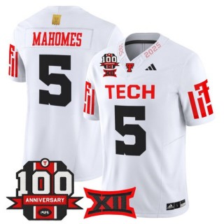 Men's Texas Tech Red Raiders #5 Patrick Mahomes White F.U.S.E. 100th Anniversary Patch 2025 Vapor Limited Stitched Football Jersey