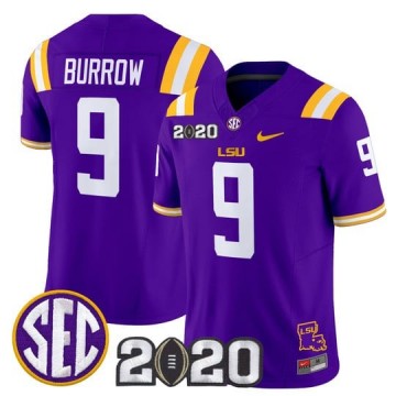 Men's LSU Tigers #9 Joe Burrow Purple F.U.S.E. 2020 National Champions & LA State Map Patch Nike Vapor Limited Jersey