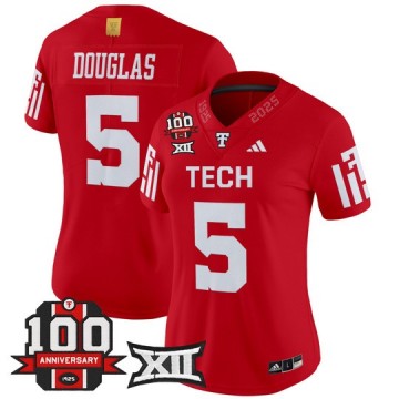 Women's Texas Tech Red Raiders #5 Caleb Douglas Red 100th Anniversary Patch 2025 Vapor Limited Stitched Football Jersey