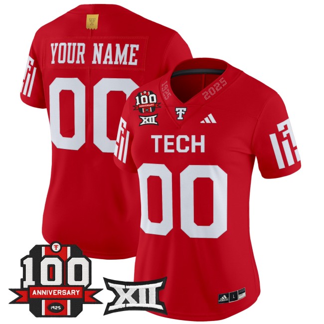 Women's Texas Tech Red Raiders Custom Red 100th Anniversary Patch 2025 Vapor Limited Stitched Football Jersey