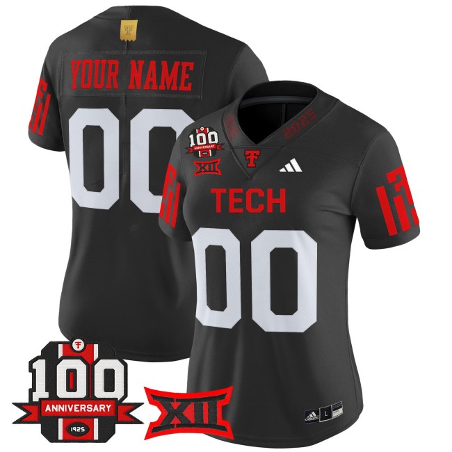 Women's Texas Tech Red Raiders Custom Black 100th Anniversary Patch 2025 Vapor Limited Stitched Football Jersey
