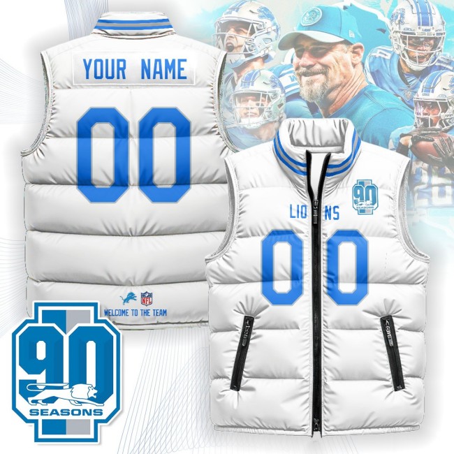 Custom Unisex Detroit Lions 90th Seasons White 2025 Puffer Vest - Printed