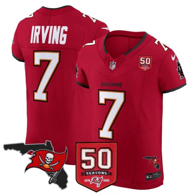 Men's Tampa Bay Buccaneers #7 Bucky Irving Red F.U.S.E. 50th Seasons & FL State Map Patch Vapor Limited Stitched Jersey