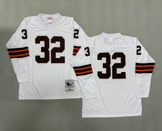 Men's Cleveland Browns #32 Jim Brown White 1964 Throwbacks Authentics Mitchell & Ness NFL Long-Sleeved Jersey
