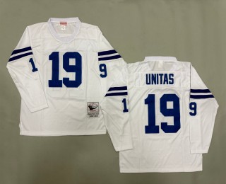 Men's Indianapolis Colts #19 Johnny Unitas White Throwbacks Authentics Mitchell & Ness NFL Long-Sleeved Jersey