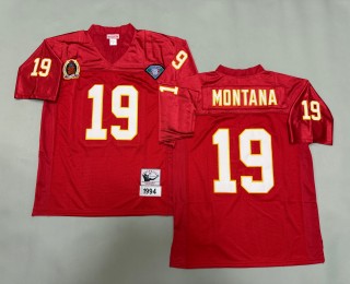 Men's Kansas City Chiefs #19 Joe Montana Red 1994 Throwbacks Authentics Mitchell & Ness NFL 75th Jersey - AFL-AFC 35th Patch