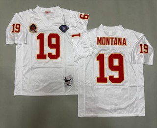 Men's Kansas City Chiefs #19 Joe Montana White '1994' Throwbacks Authentics Mitchell & Ness NFL 75th Jersey - AFL-AFC 35th Patch