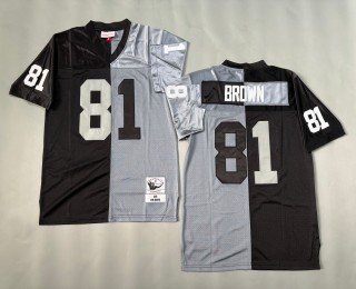 Men's Oakland Raiders #81 Tim Brown 1990 Throwbacks Authentics Mitchell & Ness NFL Jersey Grey Black Split