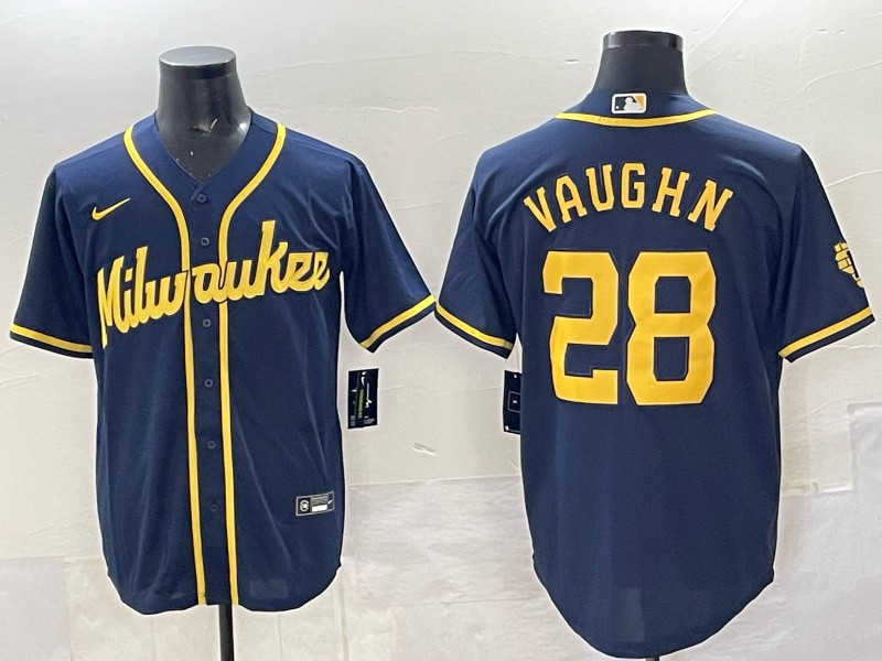 Men's Milwaukee Brewers #28 Andrew Vaughn Navy 2025 With Patch Stitched Baseball Jersey