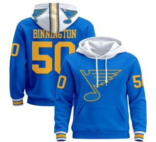 Men's St. Louis Blues #50 Jordan Binnington Blue 2025-26 Premium Pullover Hoodie - All Stitched