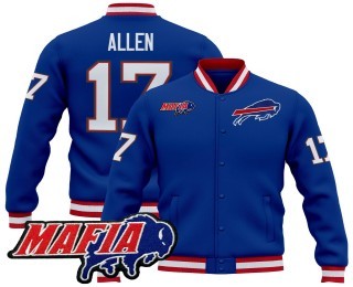 Men's Buffalo Bills #17 Josh Allen Royal 2025 Bills Mafia Patch Premium Jacket - All Stitched