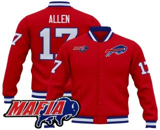 Men's Buffalo Bills #17 Josh Allen Red 2025 Bills Mafia Patch Premium Jacket - All Stitched