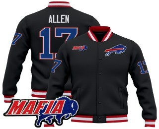 Men's Buffalo Bills #17 Josh Allen Black 2025 Bills Mafia Patch Premium Jacket - All Stitched