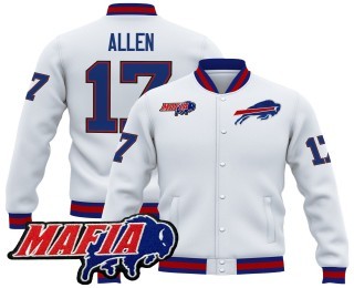Men's Buffalo Bills #17 Josh Allen White 2025 Bills Mafia Patch Premium Jacket - All Stitched