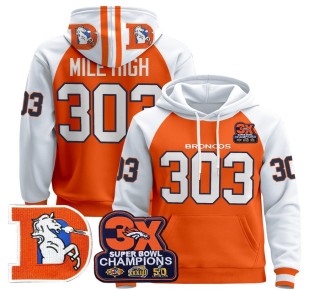 Men's Denver Broncos 303 Mile High Orange Alternate Throwback Premium Pullover Hoodie 3X Super Bowl Pacth - All Stitched