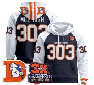 Men's Denver Broncos 303 Mile High Navy Alternate Throwback Premium Pullover Hoodie 3X Super Bowl Pacth - All Stitched