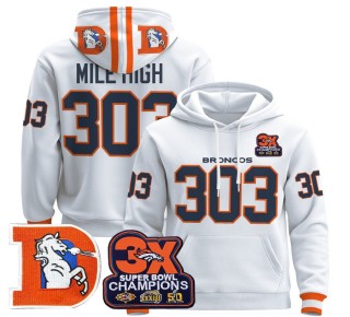 Men's Denver Broncos 303 Mile High White Throwback Premium Pullover Hoodie 3X Super Bowl Pacth - All Stitched