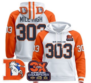 Men's Denver Broncos 303 Mile High Orange Sleeves Throwback Premium Pullover Hoodie 3X Super Bowl Pacth - All Stitched
