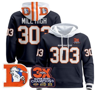Men's Denver Broncos 303 Mile High Navy Throwback Premium Pullover Hoodie 3X Super Bowl Pacth - All Stitched