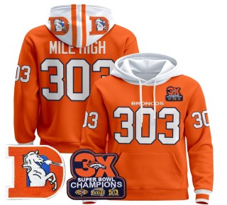 Men's Denver Broncos 303 Mile High Orange Throwback Premium Pullover Hoodie 3X Super Bowl Pacth - All Stitched