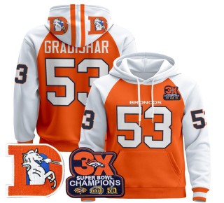 Men's Denver Broncos #53 Randy Gradishar Orange Alternate Throwback Premium Pullover Hoodie 3X Super Bowl Pacth - All Stitched