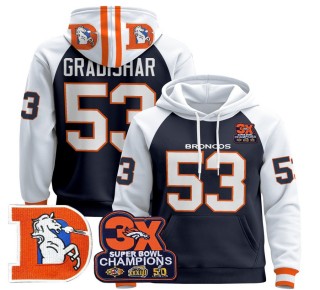 Men's Denver Broncos #53 Randy Gradishar Navy Alternate Throwback Premium Pullover Hoodie 3X Super Bowl Pacth - All Stitched