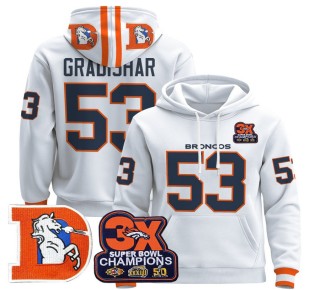 Men's Denver Broncos #53 Randy Gradishar White Throwback Premium Pullover Hoodie 3X Super Bowl Pacth - All Stitched