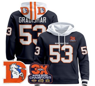 Men's Denver Broncos #53 Randy Gradishar Navy Throwback Premium Pullover Hoodie 3X Super Bowl Pacth - All Stitched