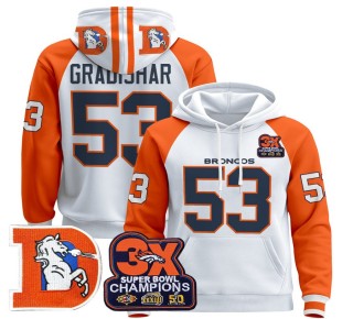 Men's Denver Broncos #53 Randy Gradishar Orange Sleeves Throwback Premium Pullover Hoodie 3X Super Bowl Pacth - All Stitched