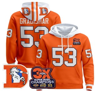 Men's Denver Broncos #53 Randy Gradishar Orange Throwback Premium Pullover Hoodie 3X Super Bowl Pacth - All Stitched