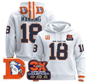 Men's Denver Broncos #18 Peyton Manning White Throwback Premium Pullover Hoodie 3X Super Bowl Pacth - All Stitched
