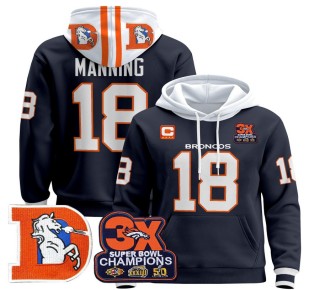 Men's Denver Broncos #18 Peyton Manning Navy Throwback Premium Pullover Hoodie 3X Super Bowl Pacth - All Stitched