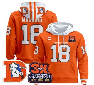 Men's Denver Broncos #18 Peyton Manning Orange Throwback Premium Pullover Hoodie 3X Super Bowl Pacth - All Stitched