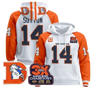 Men's Denver Broncos #14 Courtland Sutton Orange Sleeves Throwback Premium Pullover Hoodie 3X Super Bowl Pacth - All Stitched