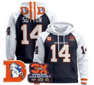 Men's Denver Broncos #14 Courtland Sutton Navy Alternate Throwback Premium Pullover Hoodie 3X Super Bowl Pacth - All Stitched