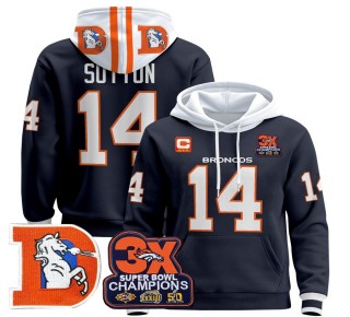 Men's Denver Broncos #14 Courtland Sutton Navy Throwback Premium Pullover Hoodie 3X Super Bowl Pacth - All Stitched