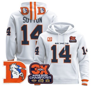 Men's Denver Broncos #14 Courtland Sutton White Throwback Premium Pullover Hoodie 3X Super Bowl Pacth - All Stitched