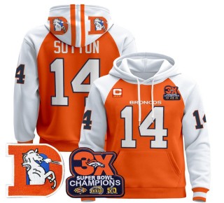 Men's Denver Broncos #14 Courtland Sutton Orange Alternate Throwback Premium Pullover Hoodie 3X Super Bowl Pacth - All Stitched