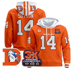 Men's Denver Broncos #14 Courtland Sutton Orange Throwback Premium Pullover Hoodie 3X Super Bowl Pacth - All Stitched