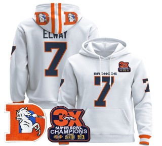 Men's Denver Broncos #7 John Elway White Throwback Premium Pullover Hoodie 3X Super Bowl Pacth - All Stitched
