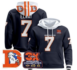 Men's Denver Broncos #7 John Elway Navy Throwback Premium Pullover Hoodie 3X Super Bowl Pacth - All Stitched
