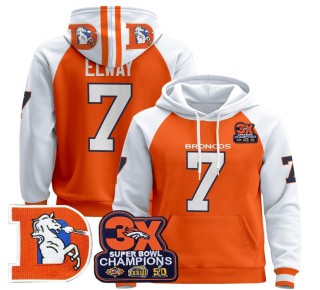 Men's Denver Broncos #7 John Elway Orange Alternate Throwback Premium Pullover Hoodie 3X Super Bowl Pacth - All Stitched