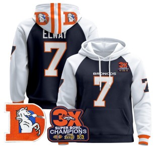 Men's Denver Broncos #7 John Elway Navy Alternate Throwback Premium Pullover Hoodie 3X Super Bowl Pacth - All Stitched