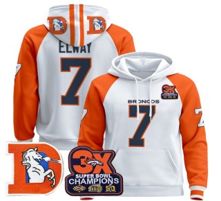 Men's Denver Broncos #7 John Elway Orange Sleeves Throwback Premium Pullover Hoodie 3X Super Bowl Pacth - All Stitched