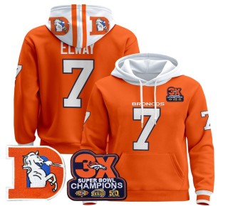 Men's Denver Broncos #7 John Elway Orange Throwback Premium Pullover Hoodie 3X Super Bowl Pacth - All Stitched
